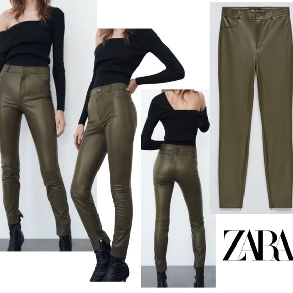 Zara olive khaki green faux leather high-rise leggings Sz M NWOT pleather vegan - Picture 1 of 17